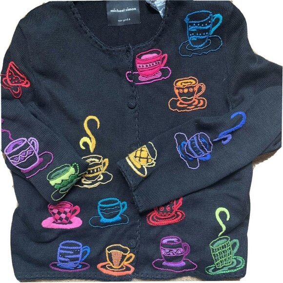 Michael Simon Cardigan Tea Party Elegant Cup Sweater Beaded Art to Wear Sz Large - Picture 1 of 12